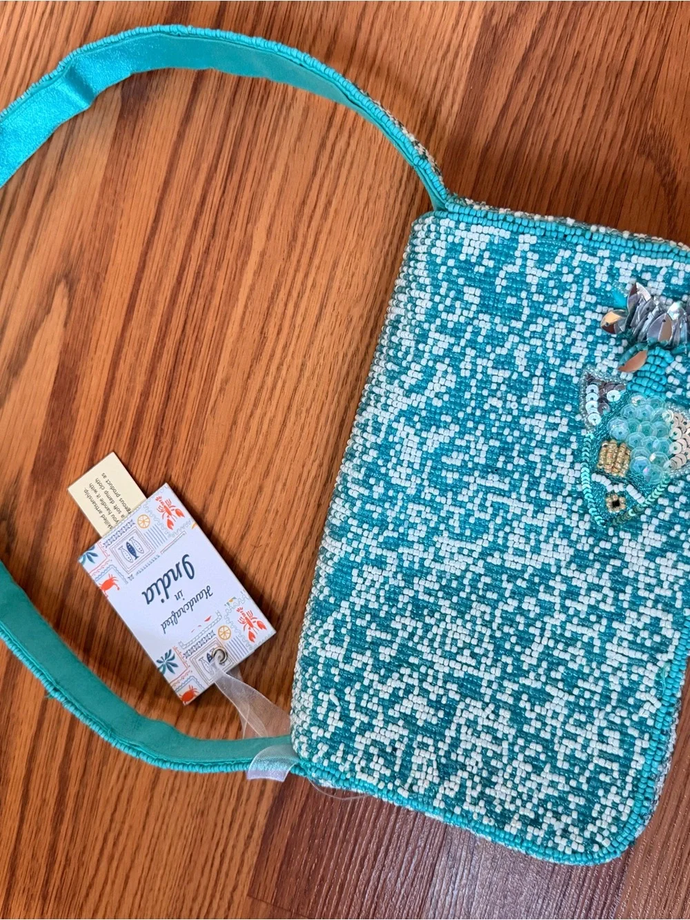 Turquoise beaded fish shoulder handbag sparkling silver fish handcrafted NWT